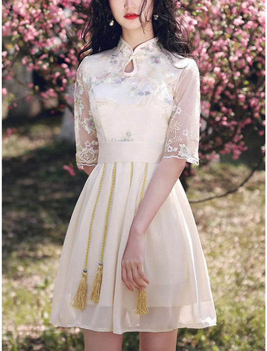 A-Line Chinese Style Elegant Graduation Prom Dress Stand Collar Half Sleeve Short / Mini Chiffon with Tassel Embroidery