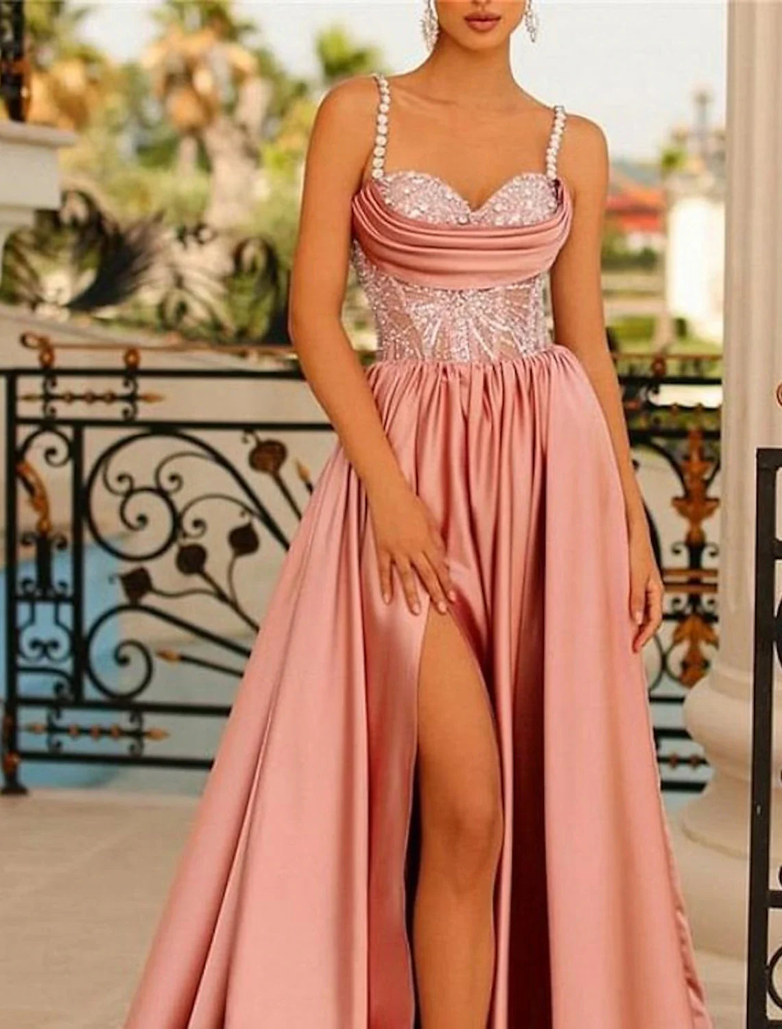 A-Line Evening Gown Backless Dress Formal Wedding Guest Sweep / Brush Train Sleeveless Spaghetti Strap Bridesmaid Dress Satin Backless with Ruched Sequin Slit 2026