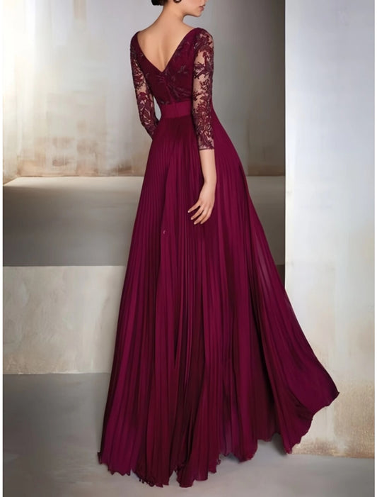 A-Line Evening Gown Elegant Dress Formal Fall Floor Length 3/4 Length Sleeve V Neck Chiffon with Bow(s) Pleats