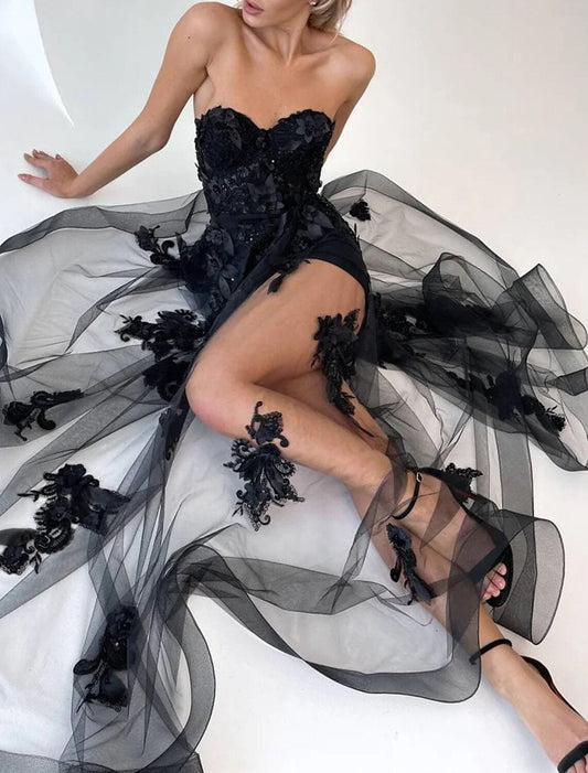 A-Line Evening Gown Floral Dress Wedding Prom Court Train Sleeveless Strapless Detachable Organza with Overskirt Appliques 2026