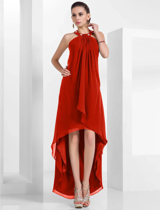 A-Line Cocktail Dress Christmas Red Green Dress Wedding Guest Cocktail Party Asymmetrical Sleeveless Halter Neck Chiffon Backless with Pleats Beading