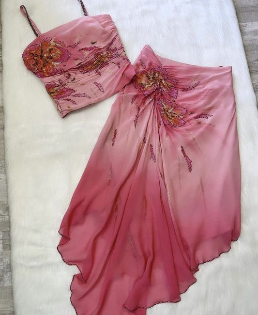 (Out Of Stock)Pink Gorgeous Exquisite Beaded Spaghetti Strap Long Chiffon Elegant Suit Ball Gowns Prom Dress Prom Dress
