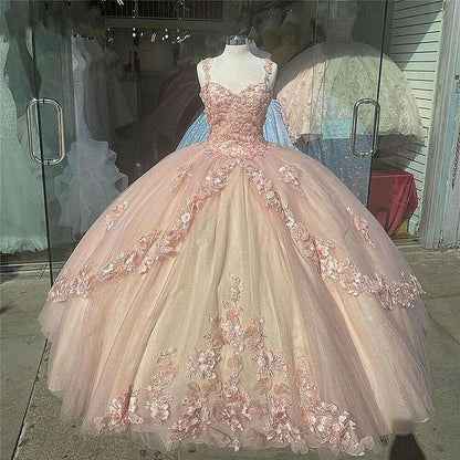 Pink Sparkly Quinceanera Prom Dresses Lace Flower Sweet 16 Tulle Prom Ball Gowns