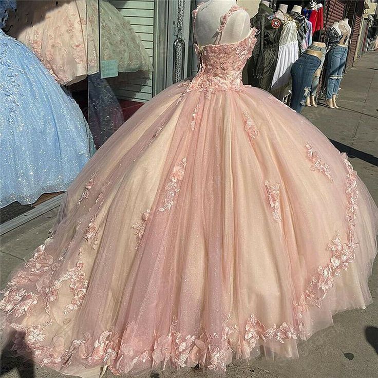 Pink Sparkly Quinceanera Prom Dresses Lace Flower Sweet 16 Tulle Prom Ball Gowns