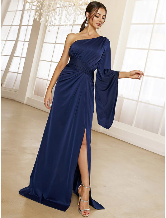 A-Line Evening Gown Elegant Dress Formal Fall Sweep / Brush Train Long Sleeve One Shoulder Fabric with Pleats Ruched Slit
