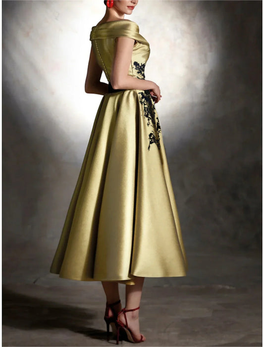A-Line Cocktail Champagne Gold Dresses Vintage Dress Formal Wedding Guest Tea Length Sleeveless Off Shoulder Satin with Pleats Appliques 2026