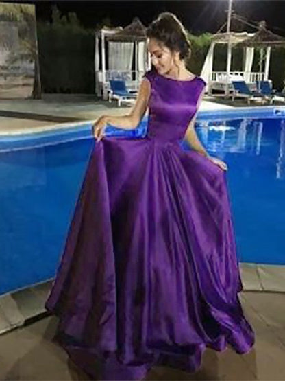 A-Line Bateau Sleeveless Floor-Length With Ruffles Satin Dresses