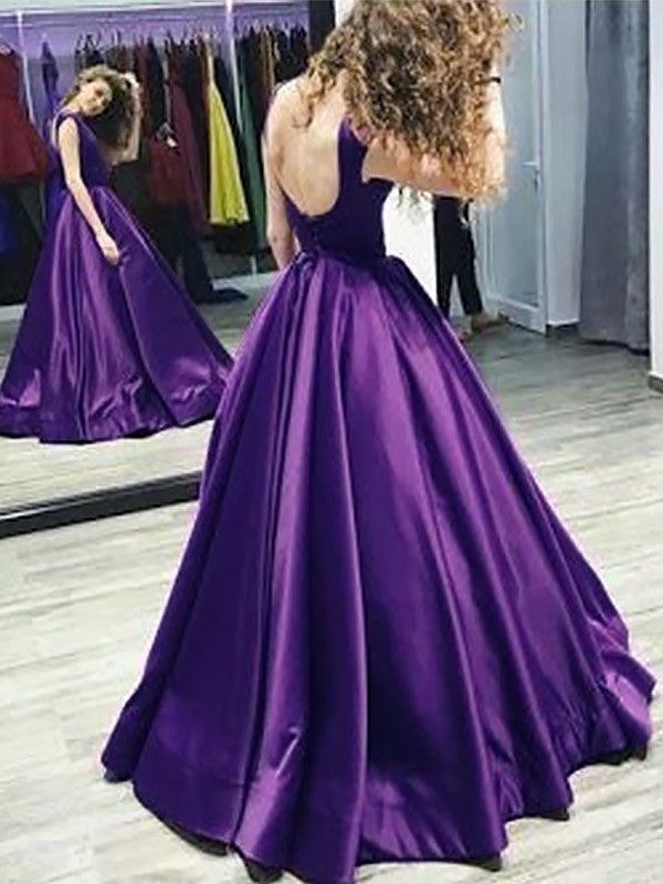 A-Line Bateau Sleeveless Floor-Length With Ruffles Satin Dresses