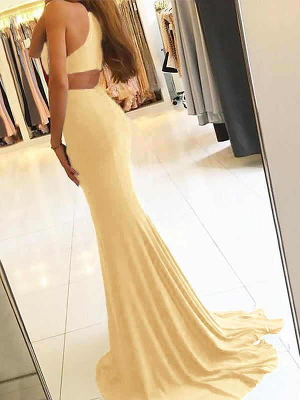 Sheath Halter Sleeveless Sweep/Brush Train With Ruffles Jersey Dresses