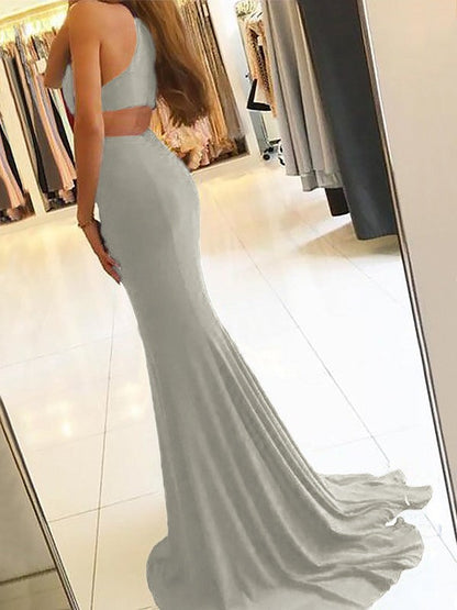 Sheath Halter Sleeveless Sweep/Brush Train With Ruffles Jersey Dresses