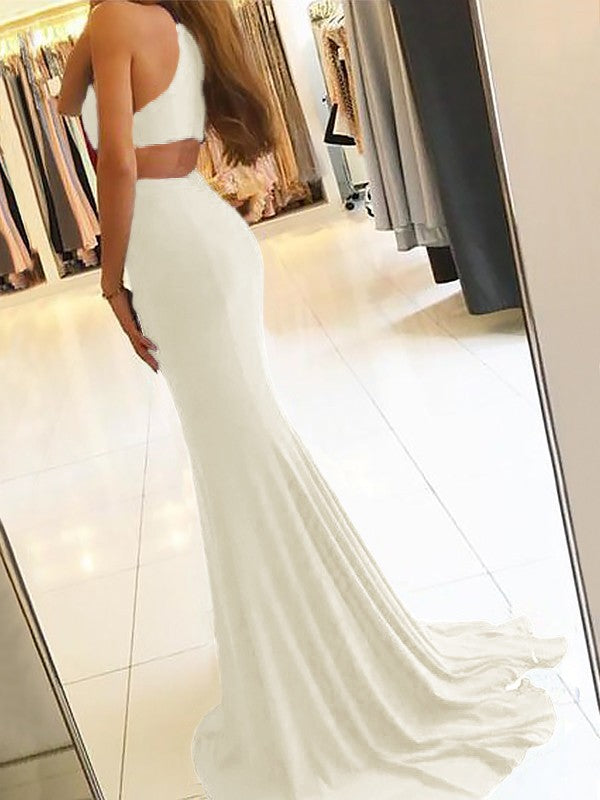 Sheath Halter Sleeveless Sweep/Brush Train With Ruffles Jersey Dresses
