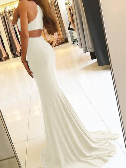 Sheath Halter Sleeveless Sweep/Brush Train With Ruffles Jersey Dresses