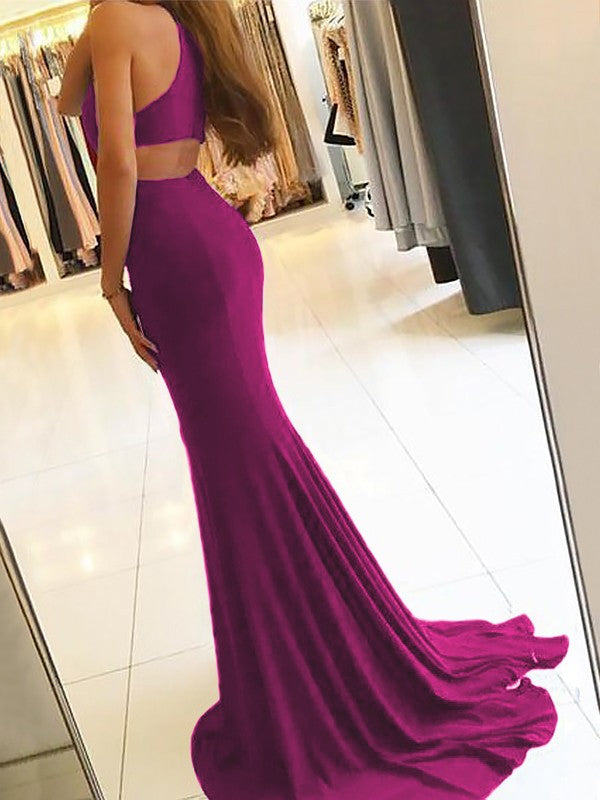 Sheath Halter Sleeveless Sweep/Brush Train With Ruffles Jersey Dresses