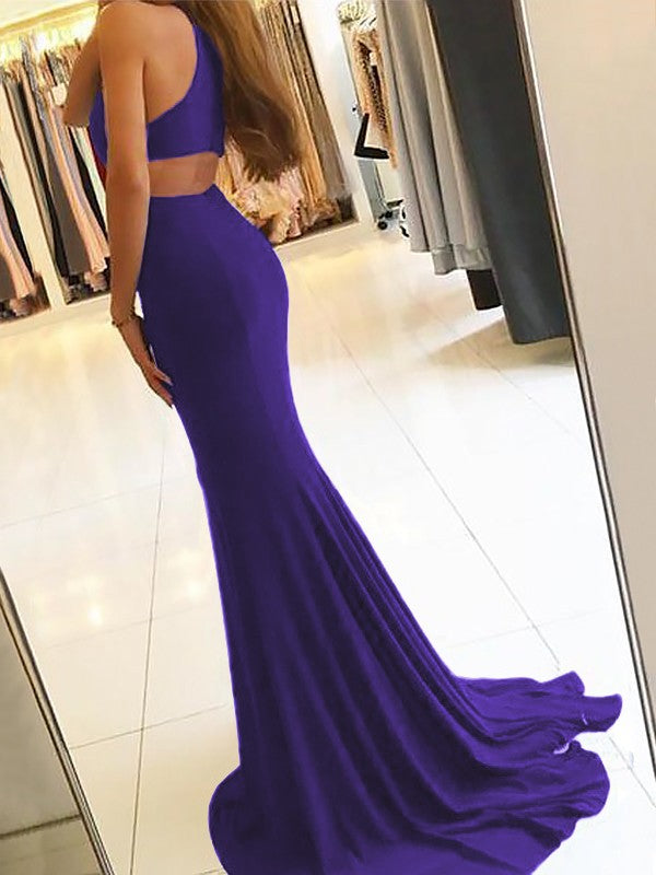 Sheath Halter Sleeveless Sweep/Brush Train With Ruffles Jersey Dresses
