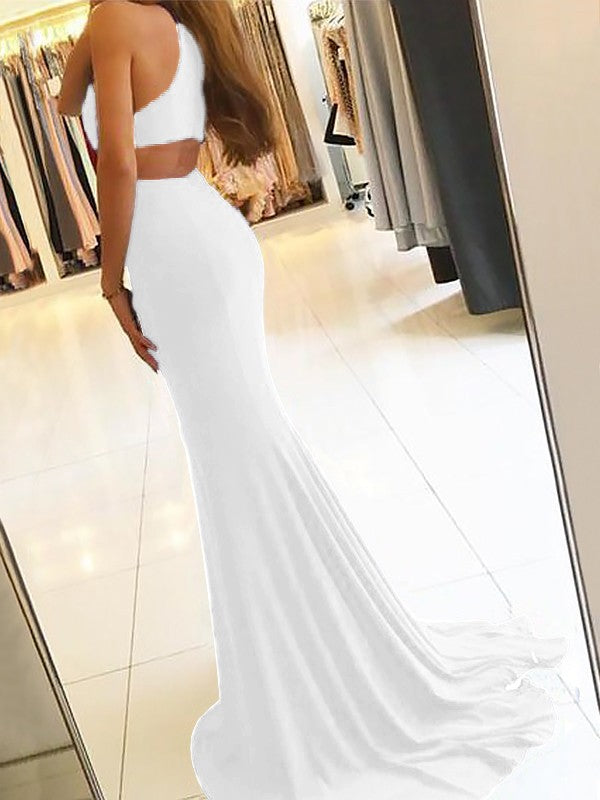 Sheath Halter Sleeveless Sweep/Brush Train With Ruffles Jersey Dresses