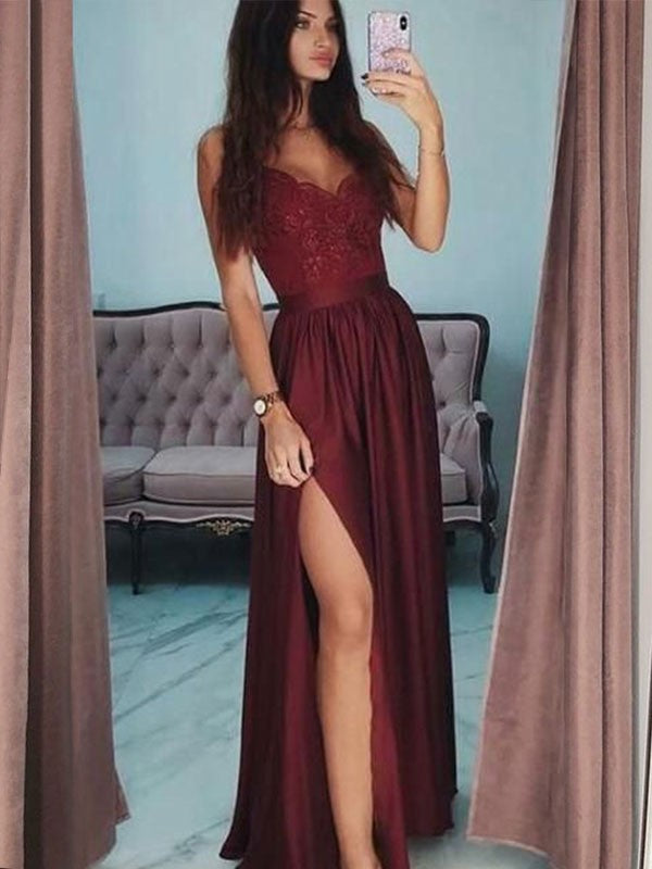 A-Line/Princess V-neck Sleeveless Floor-Length Lace Silk like Satin Dresses