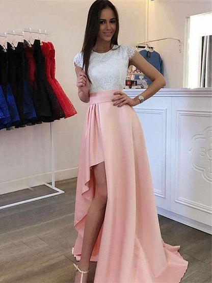 A-Line/Princess Satin Lace Scoop Short Sleeves Sweep/Brush Train Dresses