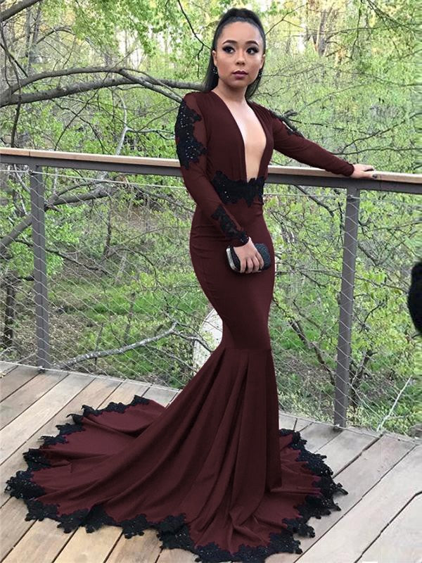 Trumpet/Mermaid Crepe Applique V-neck Long Sleeves Sweep/Brush Train Dresses