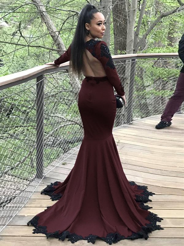 Trumpet/Mermaid Crepe Applique V-neck Long Sleeves Sweep/Brush Train Dresses
