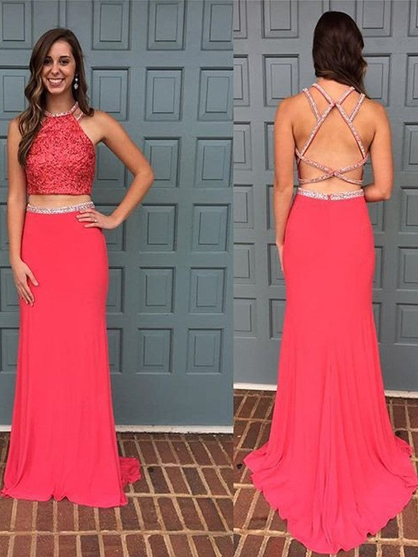Sheath/Column Halter Sleeveless Beading Sweep/Brush Train Jersey Two Piece Dresses