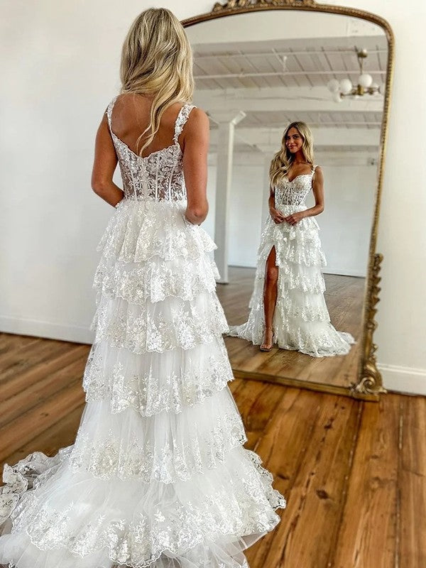 A-Line/Princess Tulle Lace Straps Sleeveless Court Train Dresses