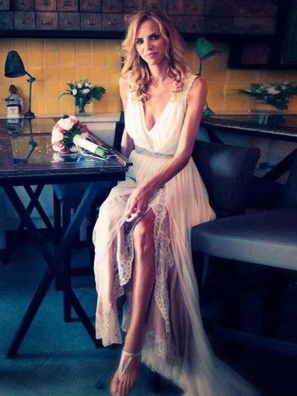 A-Line/Princess V-neck Sweep/Brush Train Sleeveless Beading Chiffon Wedding Dresses