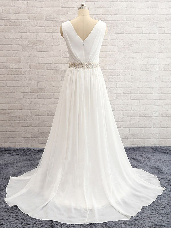 A-Line/Princess V-neck Sweep/Brush Train Sleeveless Beading Chiffon Wedding Dresses