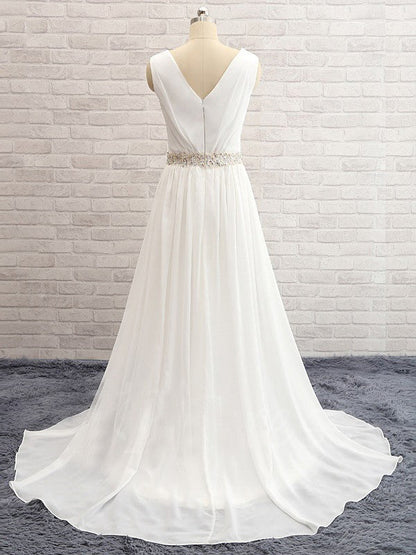 A-Line/Princess V-neck Sweep/Brush Train Sleeveless Beading Chiffon Wedding Dresses