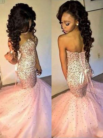 Trumpet/Mermaid Sleeveless Sweetheart Tulle Sequin Floor-Length Dresses