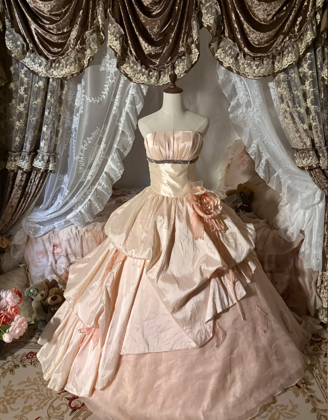 Princess Nude Pink Strapless 3D Floral Satin Train Ball Gown Evening Dresses Sweet 16 Dresses
