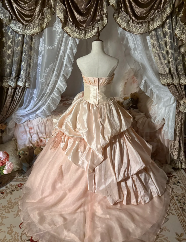 Princess Nude Pink Strapless 3D Floral Satin Train Ball Gown Evening Dresses Sweet 16 Dresses