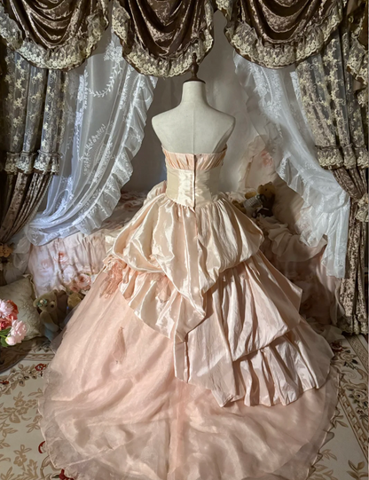 Princess Nude Pink Strapless 3D Floral Satin Train Ball Gown Evening Dresses Sweet 16 Dresses