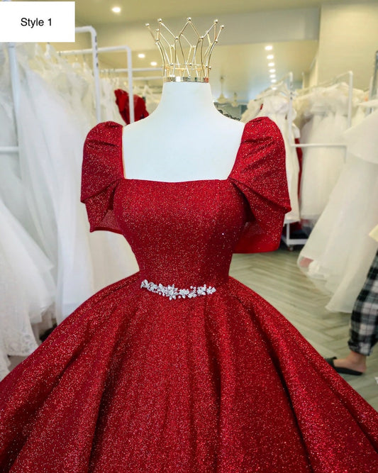illusion Red Sparkle Ball Gown Wedding Dress With Short Sleeves Chic Prom Dress C2151