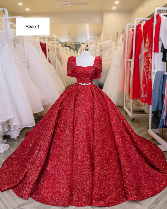 illusion Red Sparkle Ball Gown Wedding Dress With Short Sleeves Chic Prom Dress C2151