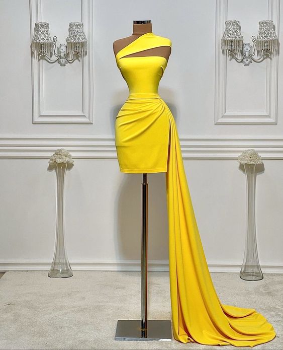 Yellow dinner short gown simple party dress  c2653