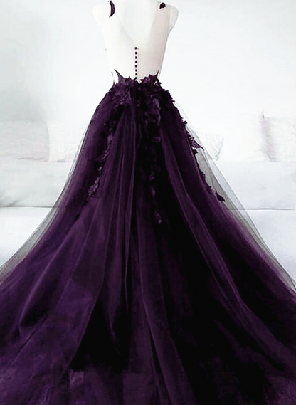 Dark Purple Long Tulle Backless Party Dress, Purple A-line Prom Dress