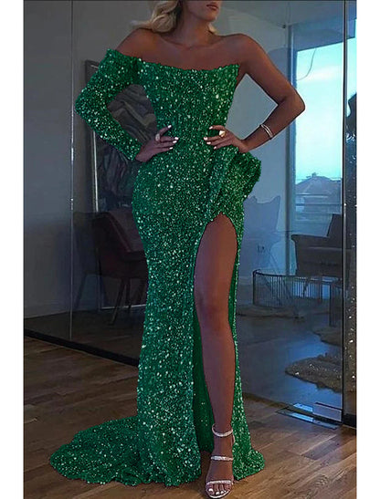 Mermaid Dress Evening Gown Christmas Red Green Dress Formal Wedding Court Train Long Sleeve One Shoulder Sequined with Sequin Slit 2026