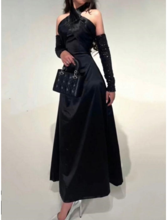 A-Line Evening Gown Elegant Dress Formal Ankle Length Black Dress Sleeveless Halter Neck Satin with Pleats Ruched
