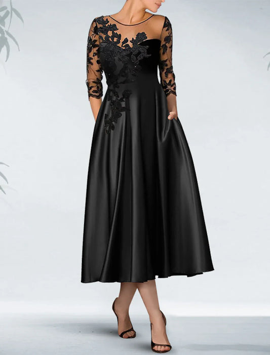 A-Line Cocktail Black Dress Plus Size Appliques Elegant Dress Fall Wedding Guest Dress For Mother Knee Length 3/4 Length Sleeve Off Shoulder Pocket Satin with Beading Pocket 2026