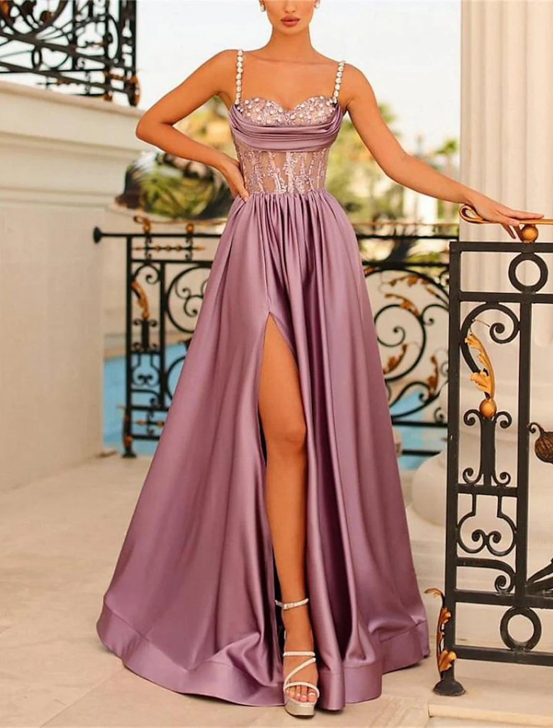 A-Line Evening Gown Backless Dress Formal Wedding Guest Sweep / Brush Train Sleeveless Spaghetti Strap Bridesmaid Dress Satin Backless with Ruched Sequin Slit 2026