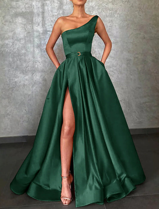 A-Line Evening Gown Celebrity Style Dress Christmas Red Green Dress Formal Wedding Sweep / Brush Train Sleeveless One Shoulder Belt / Sash Satin with Pleats Slit