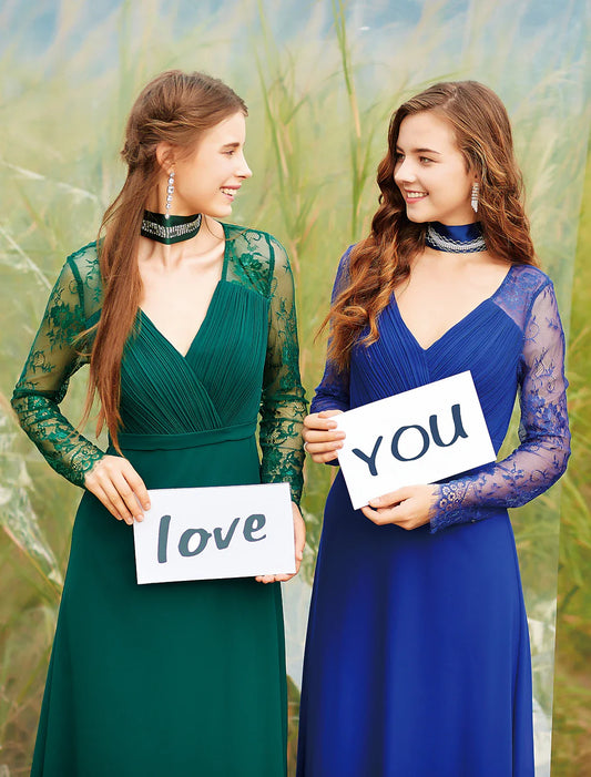 A-Line Evening Gown Elegant Dress Wedding Guest Formal Evening Floor Length Long Sleeve V Neck Chiffon with Sash / Ribbon Ruched Lace Insert