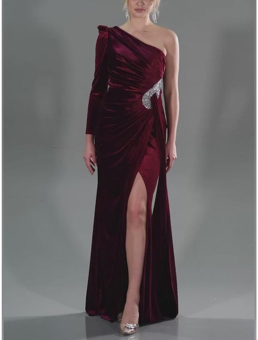 A-Line Evening Gown Christmas Elegant Dress Formal Sweep / Brush Train Long Sleeve One Shoulder Velvet with Glitter Pleats Ruched 2026