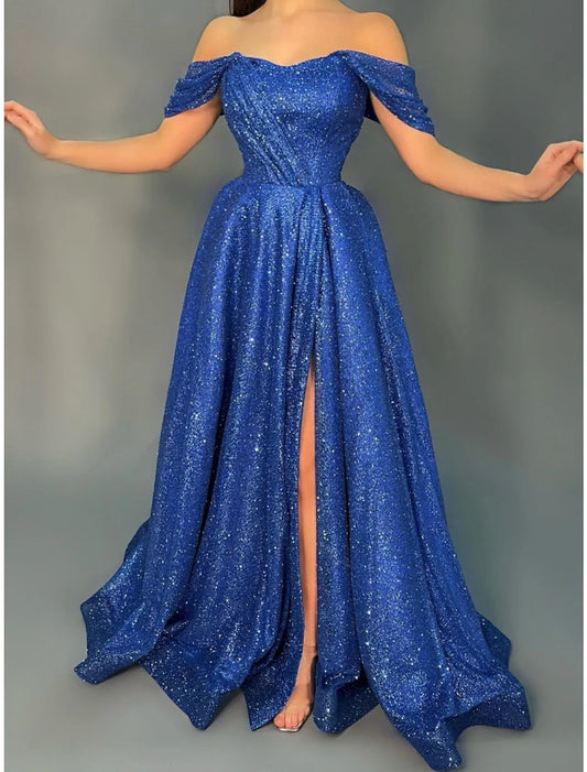A-Line Evening Gown Elegant Dress Formal Sweep / Brush Train Short Sleeve Off Shoulder Lurex Fabric with Glitter Pleats Slit 2026