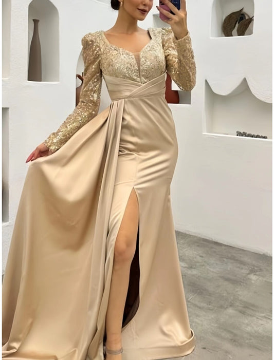 A-Line Evening Gown Elegant Dress Formal Wedding Guest Court Train Long Sleeve Square Neck Satin with Ruched Sequin Slit 2026