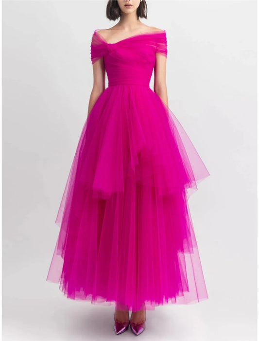 A-Line Evening Gown Party Dress Puffy Dress Formal Fall Ankle Length Short Sleeve Off Shoulder Tulle with Pleats Ruched 2026