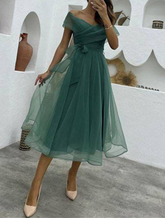 A-Line Cocktail Dresses 1950s Dress Wedding Guest Birthday Tea Length Sleeveless Off Shoulder Belt / Sash Organza with Ruched 2026