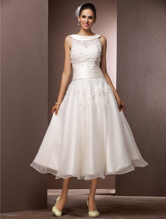 Hall Wedding Dresses A-Line Illusion Neck Sleeveless Tea Length Lace Bridal Gowns With Pearl Beading Summer Wedding Party Women's Clothing