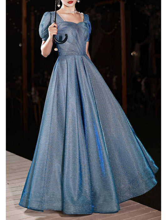 A-Line Beautiful Back Elegant Prom Formal Evening Dress Sweetheart Neckline Short Sleeve Floor Length Satin with Pleats Beading