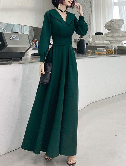 A-Line Evening Gown Minimalist Dress Prom Formal Evening Floor Length Long Sleeve V Neck Fabric with Sash / Ribbon
